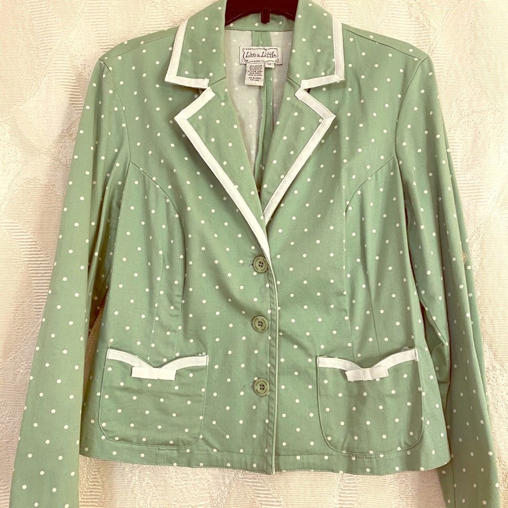 Live A Little Green White Polka Dot Blazer. Sz M